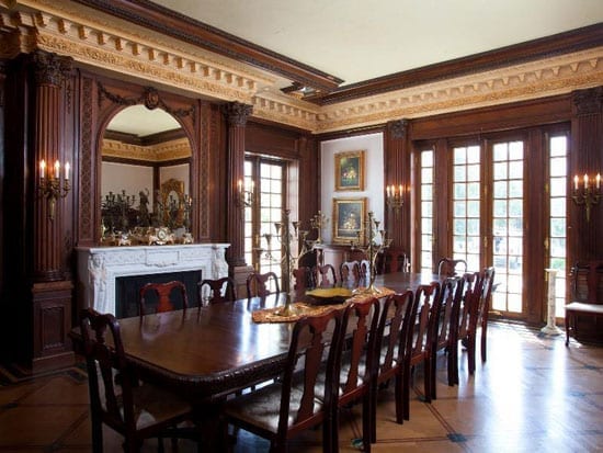 A mahogany paneled dining room