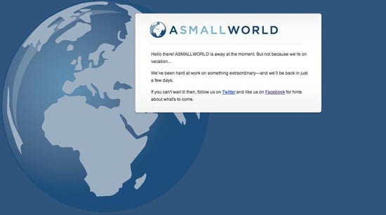 ASmallWorld's holding page (Wednesday 8th May 2013)