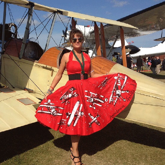 Artist Anna-Louise Felstead in a customised hand-painted dress from Vivien of Holloway at the 2012 Goodwood Revival
