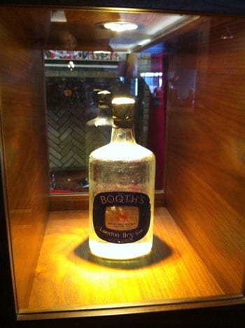 An old bottle of Booth's Gin is on display in the bar along with a number of other more unusual examples of this spirit