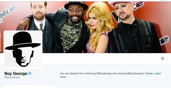 Blocked by Boy George – Boy George – George O’Dowd – blocked The Steeple Times on Twitter after we criticised him being lauded as acceptable by his inclusion on the BBC’s The Voice programme