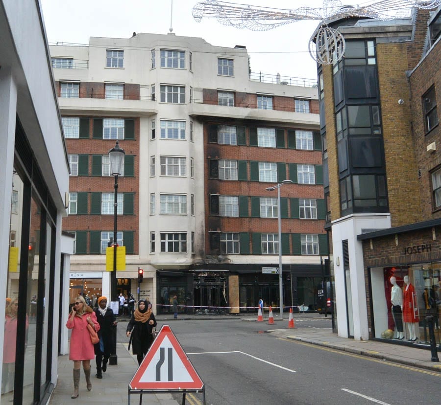 Caramelized – Former La Brasserie (now Caramel) suffers fire – Frontage of former La Brasserie premises in South Kensington – now Caramel – burnt to a crisp on morning of 6th December 2018.