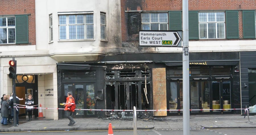 Caramelized – Former La Brasserie (now Caramel) suffers fire – Frontage of former La Brasserie premises in South Kensington – now Caramel – burnt to a crisp on morning of 6th December 2018.