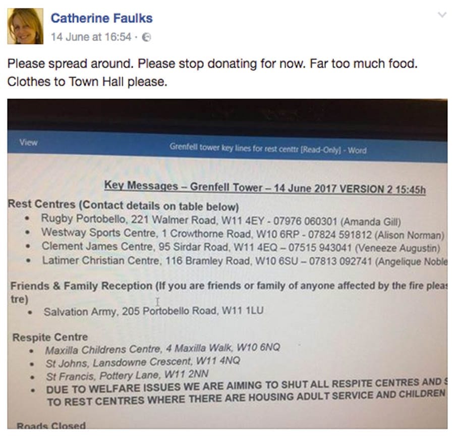 Catherine Faulks also told her friends and followers on Facebook to “stop donating” items for victims of the Grenfell Tower tragedy.