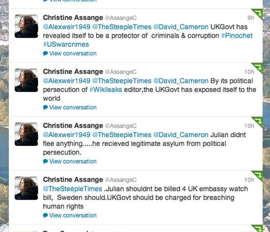 Some of the tweets to @TheSteepleTimes from Christine Assange