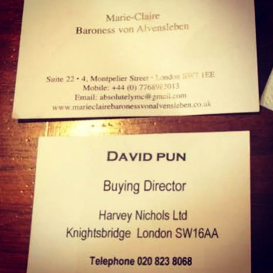 Awarding a Pun – Party crasher David Pun remerges like a rat – Rat-like party crasher David Pun puts in an appearance at the ‘Mayfair Times’ Awards at Claridge’s – Business card of David Pun and business card of Marie-Claire, Baroness von Alvensleben.