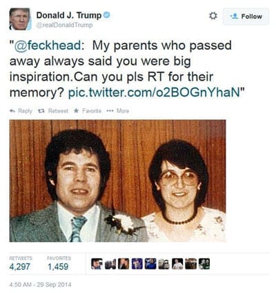 Donald Trump has announced he may sue the person who tricked him into retweeting an image of Fred and Rosemary West