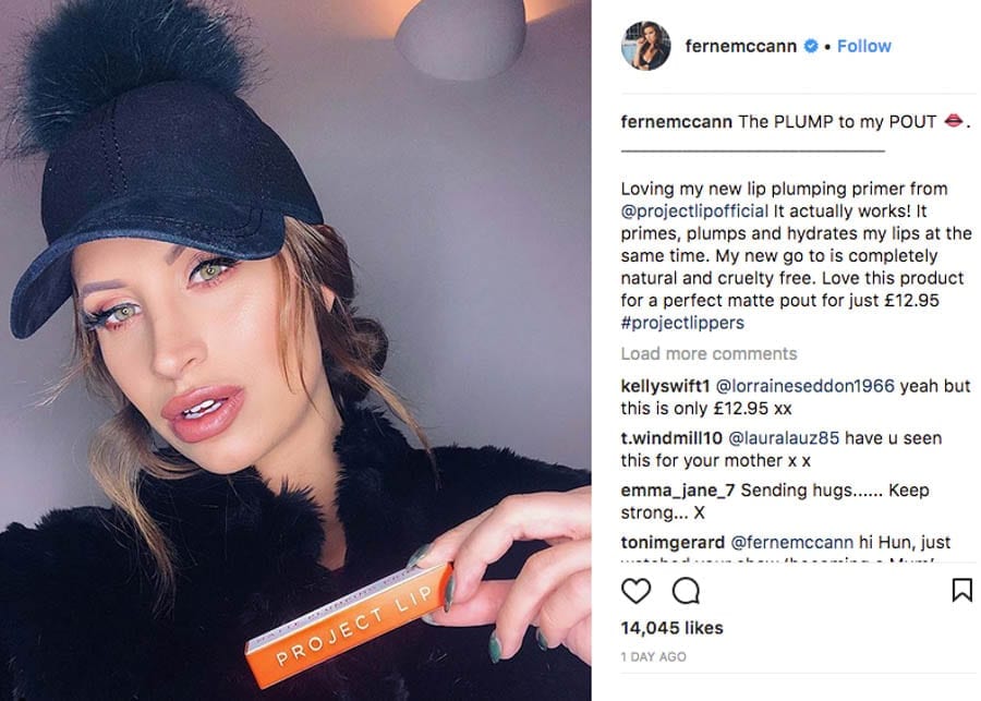Moron of the Moment – ‘TV personality’ Ferne McCann shamelessly attempts to flog lip plumping primer on Instagram just as Arthur Collins, the father of her child, is jailed for an acid attack at the Mangle E8 club in Dalston, London on 17th April 2017.