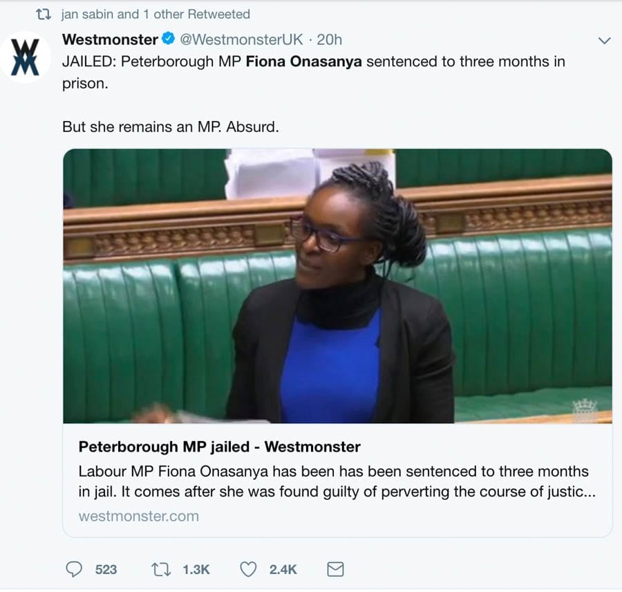 A Terrible Ticket – Jailing of Fiona Onasanya MP is ludicrous – Matthew Steeples suggests the jailing of Fiona Onasanya MP over her lies over a speeding ticket is quite absurd.