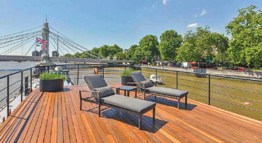 Britain’s Priciest Houseboat – Flagship, Cheyne Walk, Chelsea, SW3 – Thames houseboat moored at Cadogan Pier in Chelsea goes on sale for extraordinary sum of £2.5 million through Knight Frank.