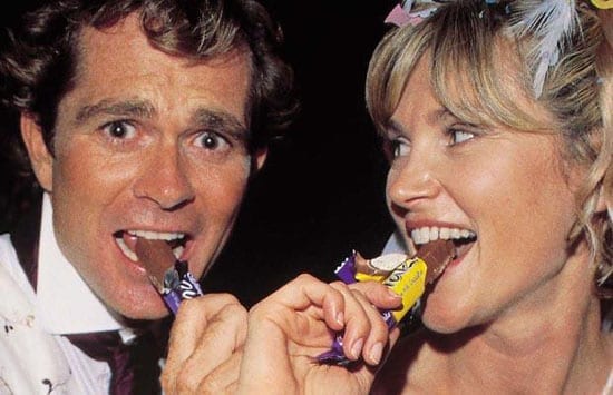 Grant Bovey and Anthea Turner pictured promoting Cadbury's Flake at their wedding in 2000