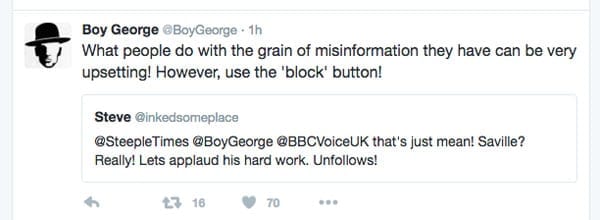 Blocked by Boy George – Boy George – George O’Dowd – blocked The Steeple Times on Twitter after we criticised him being lauded as acceptable by his inclusion on the BBC’s The Voice programme