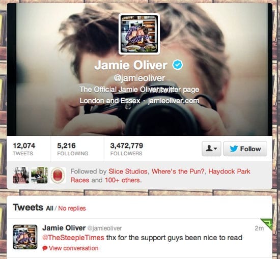 Jamie Oliver's tweet to The Steeple Times