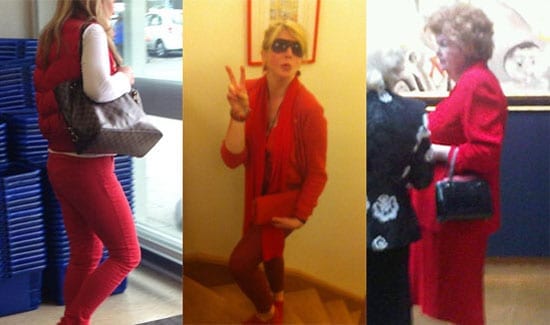 Ladies in red: Claire Rubinstein submitted this image of red loving Sainsbury’s shopper and @Ellsbellsloves supplied one of herself fully kitted out in our favourite colour. We have to also admire this regular at Christie’s (right) who often sports red and has a slight look of Hyacinth Bucket.