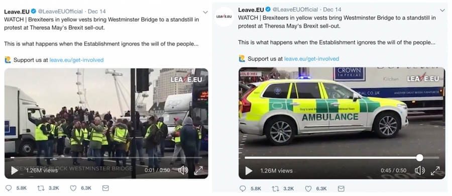 Leave Ambulances Alone – Brexiteers blockade an ambulance – Brexiteers in yellow vests shockingly take pride in blocking an ambulance from Guy’s and St Thomas’ hospital on Westminster Bridge.