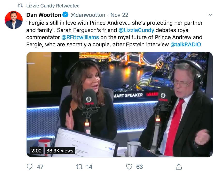 Lookout! It’s Lizzie… Lizzie Cundy defends Prince Andrew and his ex-wife Sarah Ferguson, the Duchess of York – Prince Andrew must be toast; when knicker flasher Lizzie Cundy leaps to your defence, you know your days must be numbered. The former Mrs Cundy spoke on The Sun’s Dan Wootton’s Talk Radio show.