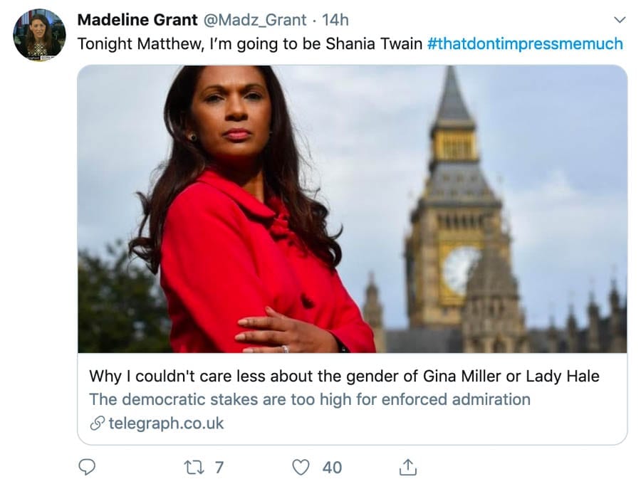 Moron of the Moment – “Racked up” rent-a-gob Madeleine Grant – “Racked up” rent-a-gob Madeleine Grant’s attack on Gina Miller is uncalled for and below the standard of what one expects from ‘The Telegraph’