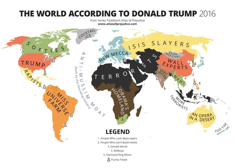 Mapping Trump – The world according to Donald Trump by Bulgarian artist Yanko Tsvetkov – Atlas of Prejudice – Urbanologie guide to where to watch US elections in London