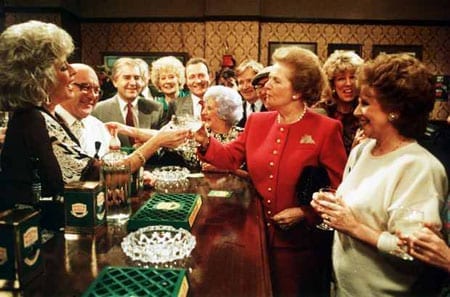 Prime Minister Margaret Thatcher in the Rovers Return Inn in January 1990 with members of the cast of the TV soap "Coronation Street"