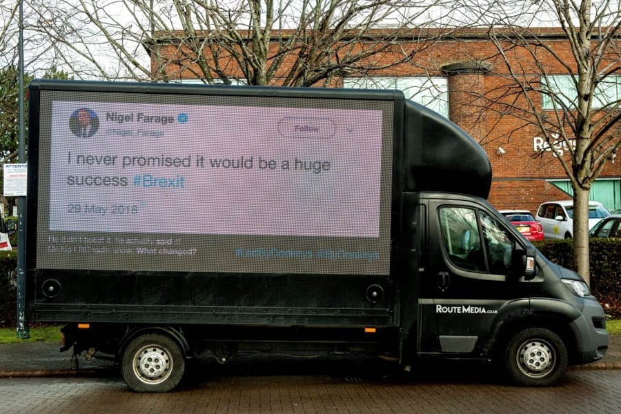 Nissan IS Leaving – Led By Donkeys take an ad van to Leave.EU’s HQ – Crowdfunded advert van campaign used to illustrate the lies told by Brexiteers to those working at Leave.EU’s headquarters.