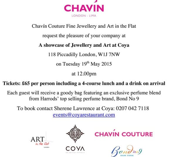An invitation to an art and jewellery lunch at private members’ club and restaurant Coya in Mayfair