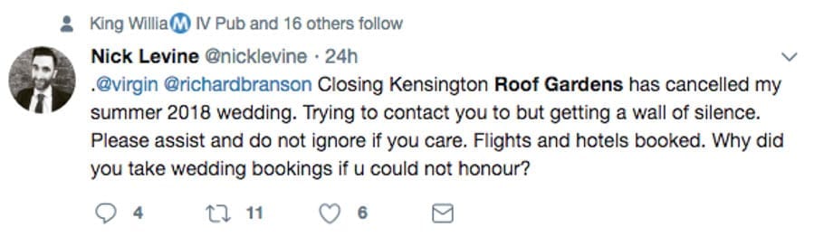 Branson Falls Off The Roof – Sir Richard Branson closes The Roof Gardens in Kensington; customers take to social media to complain about lack of assistance over cancelled bookings