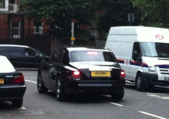 A Rolls-Royce Phantom, registration "A9 HRH", in which Sara[h] Al Amoudi has taken to arriving at the High Court in was spotted in Roland Gardens, South Kensington on Tuesday 23rd July 2013 (© The Steeple Times)
