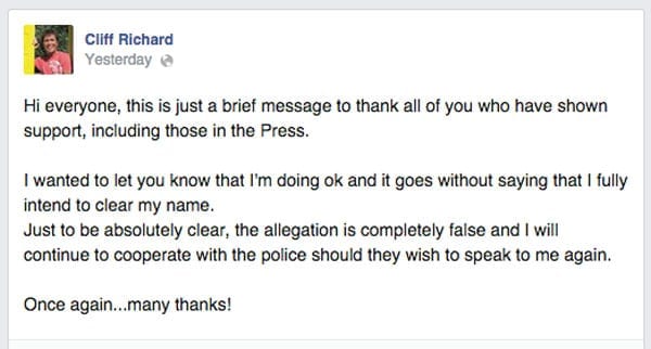 Sir Cliff Richard's Facebook post