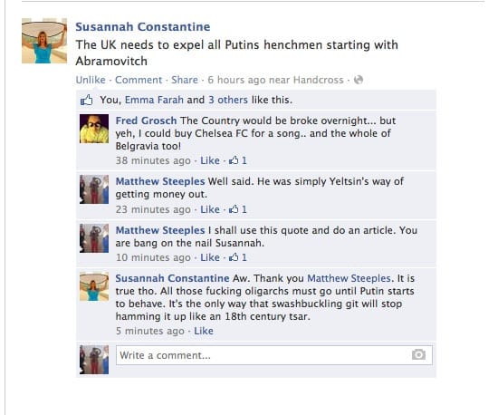 Susannah Constantine took to Facebook to express her views on Putin