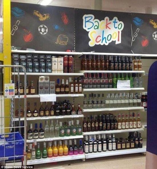 Tesco's sign should have read "Back to the Booze" rather than "Back to School"