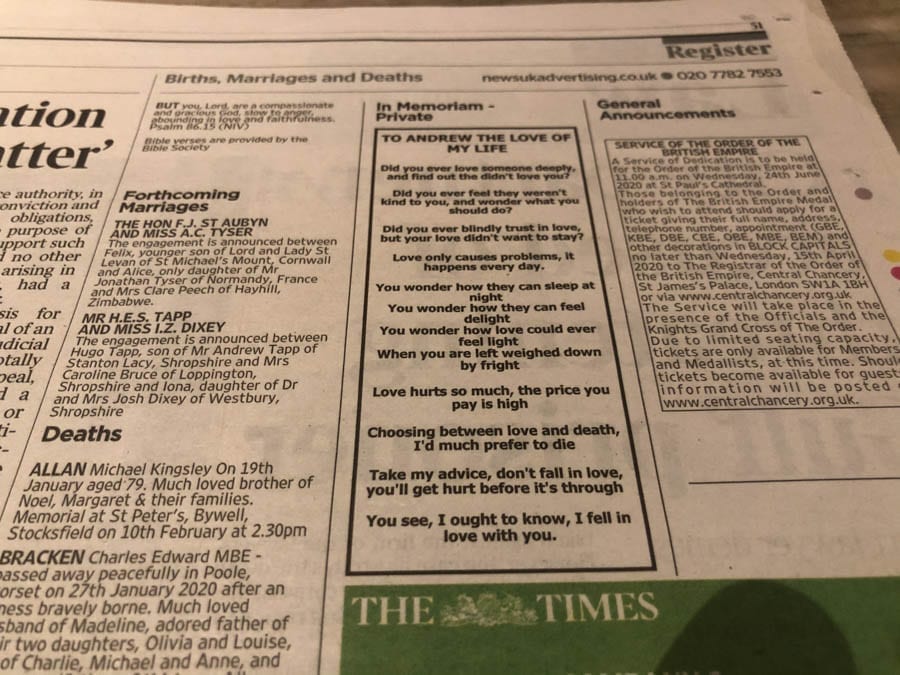 Oh Randy, Oh Randy Andy – A missive from Ghislaine Maxwell to Prince Andrew? – ‘The Times’ allows a most curious notice to appear on its ‘Register’ page; Could it have been cryptically penned by Ghislaine Maxwell to Prince Andrew?