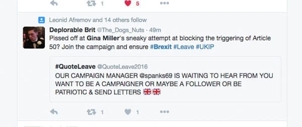 Trolling Brexit – Twitter users troll Gina Miller and her challenge to Article 50 at the High Court, Thursday 13th October 2016