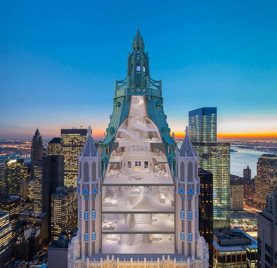 A Castle of Commerce – £60.3 million ($79 million, €70.6 million or درهم290.1 million)for penthouse at Woolworth Tower Residences, Woolworth Building, 2 Park Place, 233 Broadway, New York, United States of America – Penthouse in “the cathedral of commerce” that is the Woolworth Building in NYC for sale for £60min spite of just being a raw space.