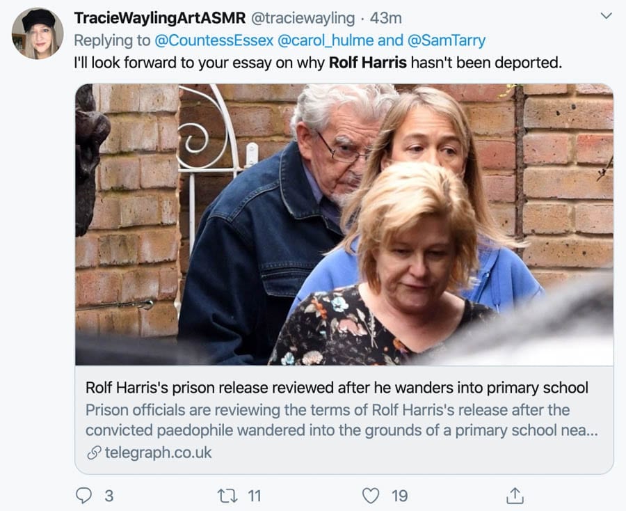 Deport Rotten Rolf – Why was the paedo Rolf Harris not deported? As a deportation flight leaves for Jamaica, Twitter users have rightly angrily reacted asking why the paedophile Rolf Harris was not sent back to Australia after his release.