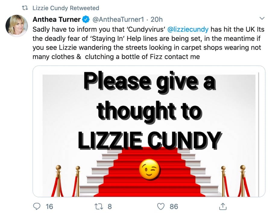 Inapproriate Anth’ – Anthea Turner mocks coronavirus – Anthea Turner makes an inappropriate joke about coronavirus in referencing her knicker flashing chum Lizzie Cundy as ‘Cundyvirus’