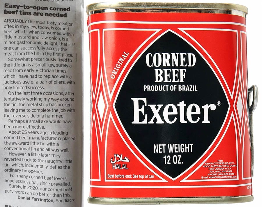 Considering Corned Beef – Daniel Farrington writes to Derby Telegraph – Angry man sends bizarre letter to local newspaper to complain about the design of corned beef tins.