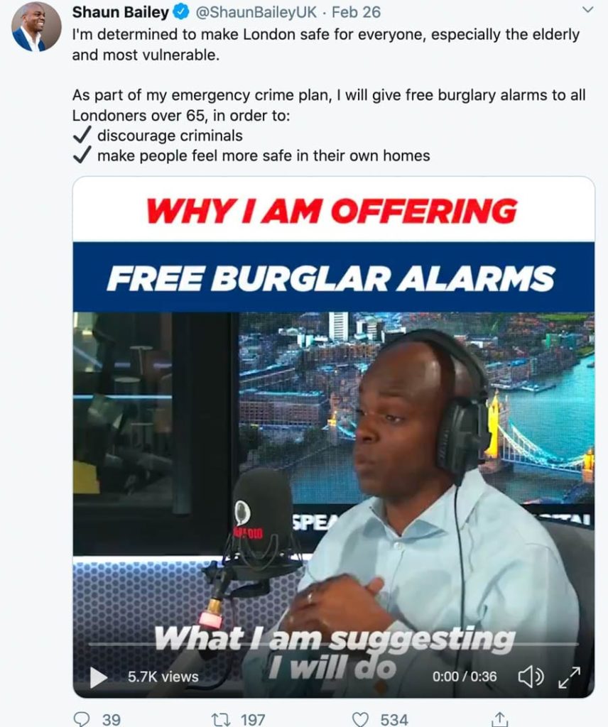 Wally of the Week – Burglar alarm obsessive Shaun Bailey – Mayor of London candidate Shaun Bailey’s policy of giving out burglar alarm to 300,000 homes is utterly ludicrous.