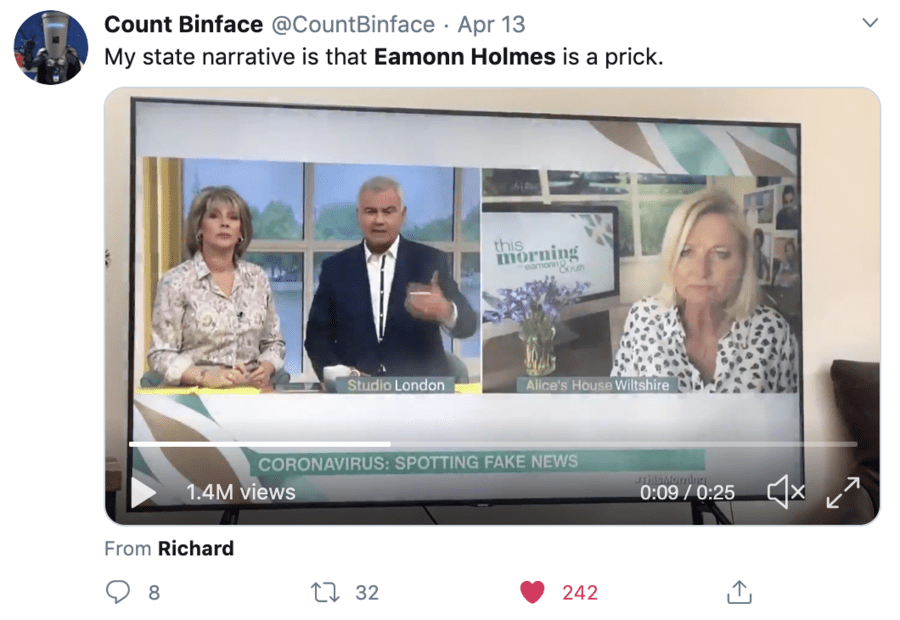 Moron of the Moment – 5G fool Eamonn Holmes – Multi-millionaire 5G conspiracy theorist Eamonn Holmes deserves condemnation for inviting a scion to a billion pound fortune on to ‘This Morning’ to discuss COVID-19 instead of war hero Captain Tom Moore who has raised £4 million for the NHS.