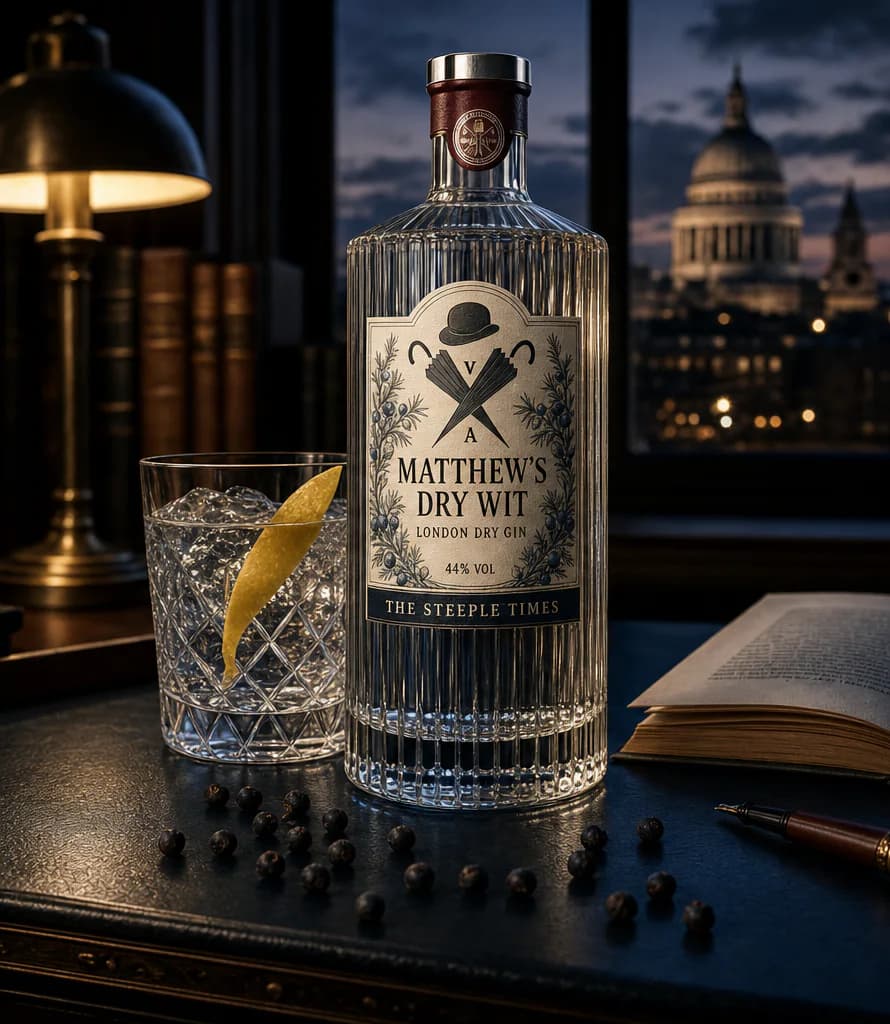 Matthew’s Dry Wit London dry gin beside a cut-glass tumbler in a literary London setting