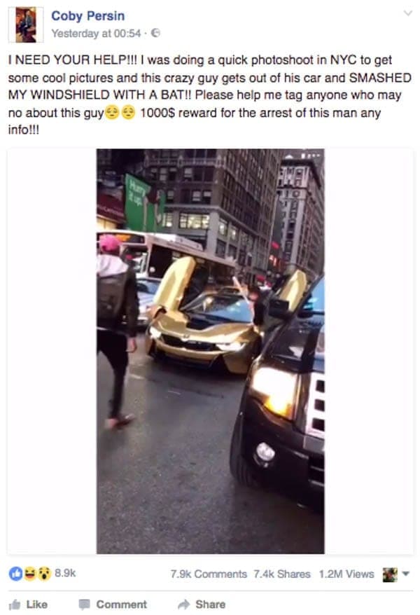 Smashing a “Star” – YouTube “star” Coby Persin has his ridiculous gold wrapped BMW smashed with a baseball bat during a photo shoot in New York whilst blocking traffic, 27th November 2016