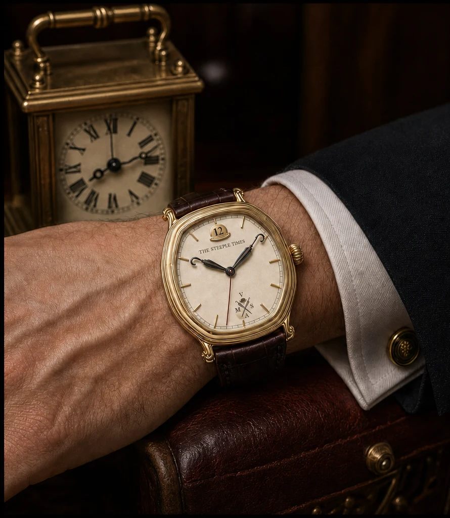 The Belfry I gold watch with bowler-hat twelve marker and umbrella hands