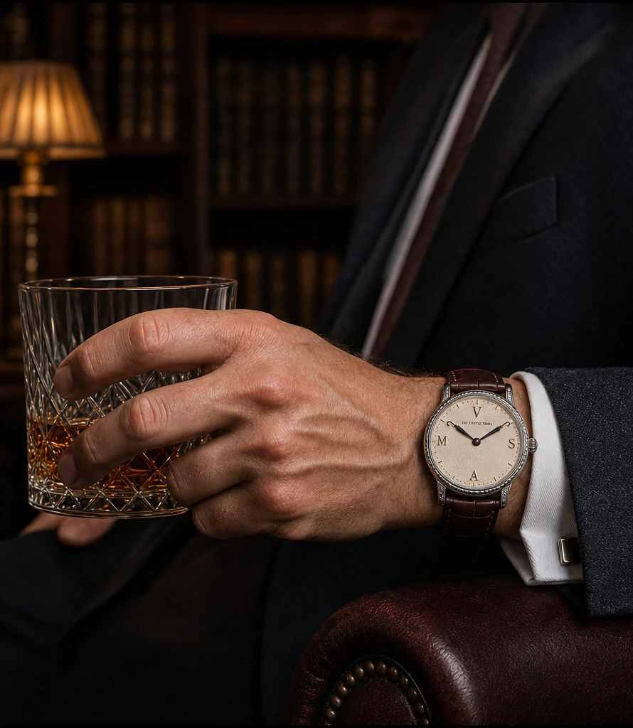 The round No. 12 Automatic on a tailored wrist holding whisky