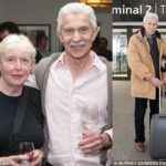 Alan-Lane-and-Katrina-Smith-pictured-at-a-drinks-party-and-with-their-luggage-at-Heathrow-Airport-Both-photographs-taken-by-Murray-Sanders