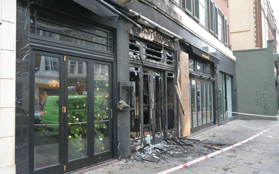 Caramelized – Former La Brasserie (now Caramel) suffers fire – Frontage of former La Brasserie premises in South Kensington – now Caramel – burnt to a crisp on morning of 6th December 2018.