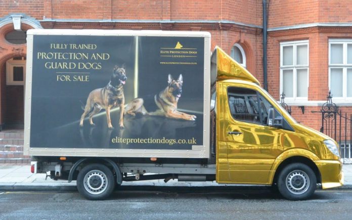 Dogging Assange – Elite Protection Dogs London – Gold wrapped van advertising “elite” dogs parks opposite the Ecuadorian Embassy ‘home’ of bail skipper Julian Assange.