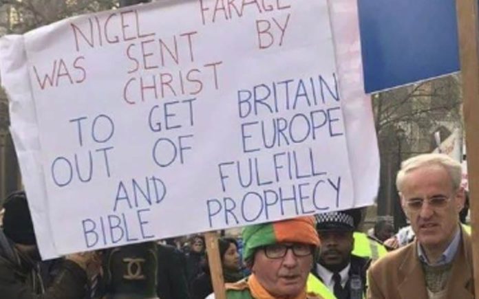 Sexing up Brexit – Defrocked priest Neil Horan appears outside the Supreme Court dancing a jig without any trousers; he believes Nigel Farage was “sent by Christ”