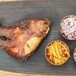 Le-Babs-signature-pigs-head-with-crackling-kohlrabi-heritage-carrot-onilon-and-molasses-sauce