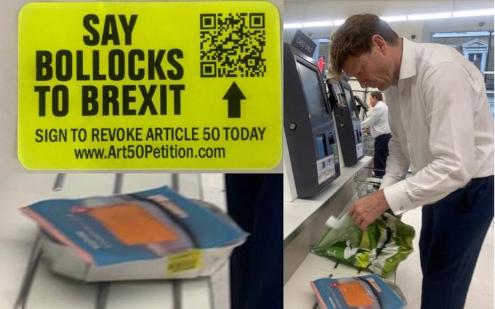 Picture of the Week – Stickered Richard Tice at Waitrose Belgravia – Brexiteer Richard Tice MEP spotted buying discounted salmon at Waitrose Belgravia; What next? Chlorinated American chicken?