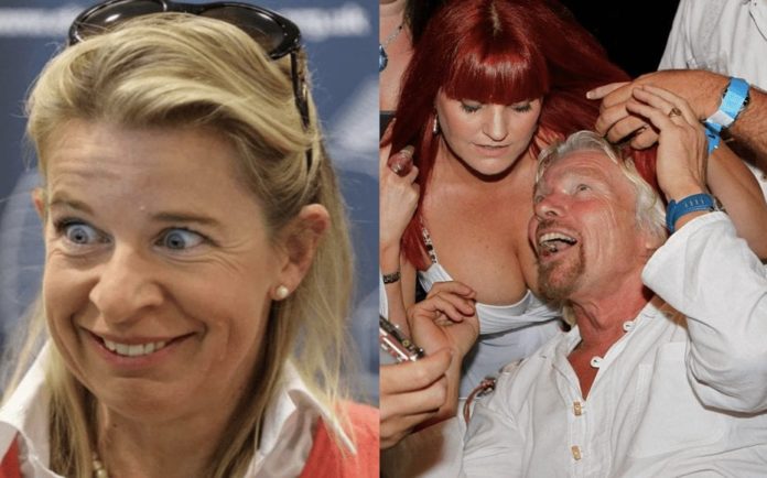 Sod Off Branson – Katie Hopkins sums up Richard Branson perfectly – In a rare moment of sanity, Katie Hopkins entirely rightly sums up the public’s attitude to the reprehensible attempt by job killer Sir Richard Branson to grab British taxpayer’s money. Pictured: Birdbrain Katie Hopkins (left) and self-absorbed job killer Sir Richard Branson getting busy with an especially classy looking woman’s breasts (right).