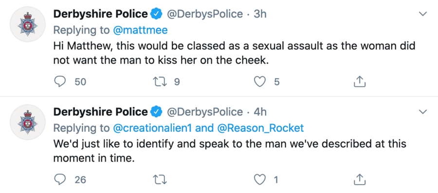 Dopey Derbyshire Dunces – Derbyshire Police and a kissing conundrum – Derbyshire Police yet again show themselves inept at the art of public relations in tweeting about trying to locate a man who kissed a woman on the cheek to thank her for helping him with his lorry.